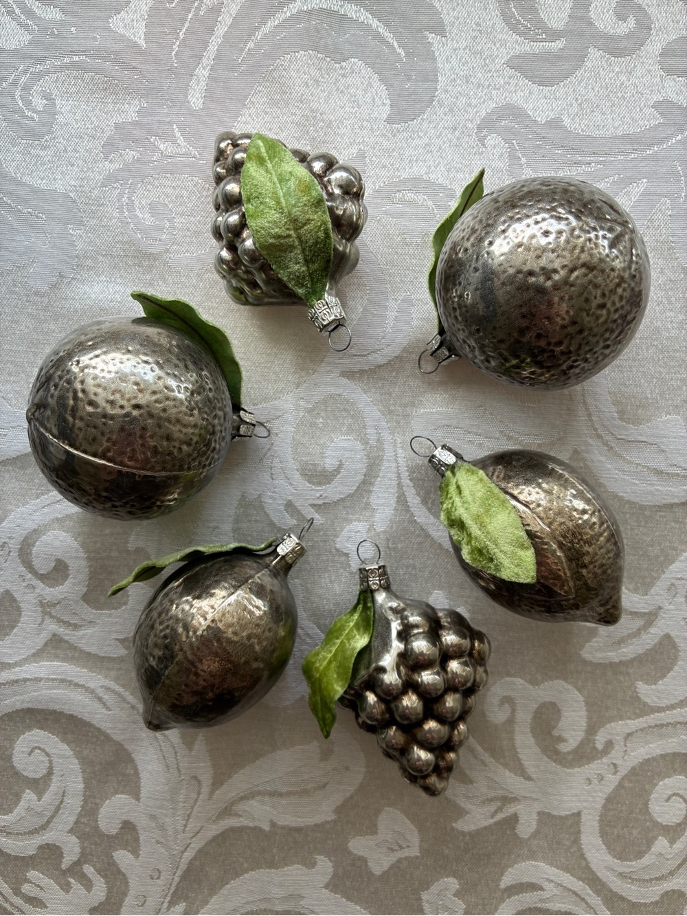 Glass Fruit Ornaments Antiqued Silver with Green Velvet Leaves Set of Six